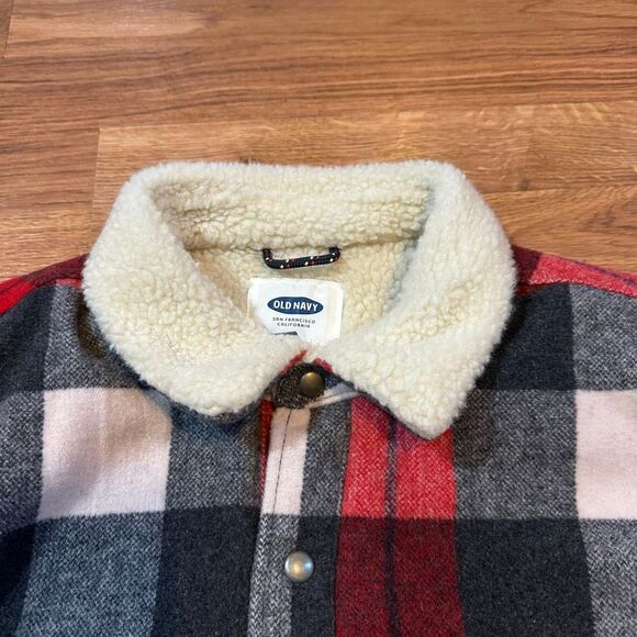 Old Navy Plaid Sherpa-Lined Jacket Red Black White | Men Size Large - Picture 2 of 12